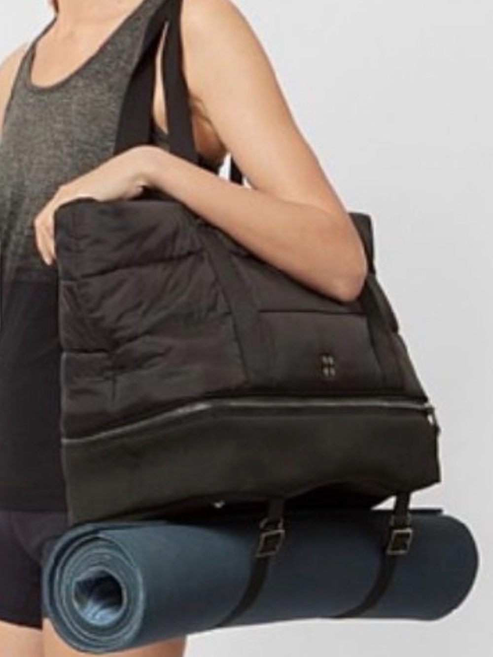 Sweaty Betty Luxe Gym Bag, black, silver accents, yoga mat bag, wet/shoe storage